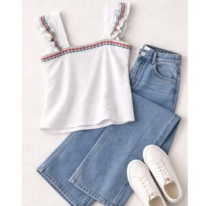 White Ruffle Strap Tank‎ Top w/ Rainbow Embroidery Boho Summer Sleeveless Top XL